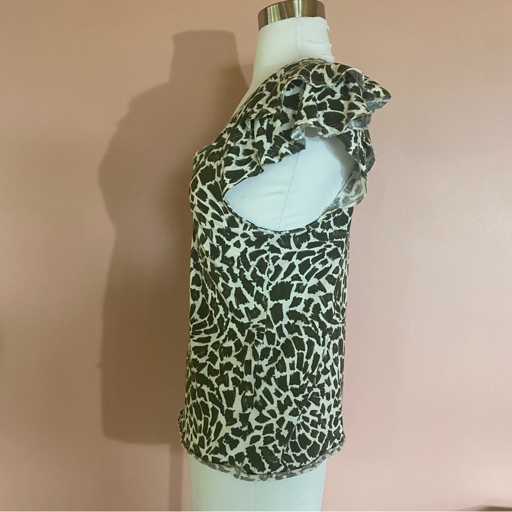 Maeve Catie Ruffle-Sleeved Tee XS Green Geometric Animal Print Anthropologie - Picture 7 of 7